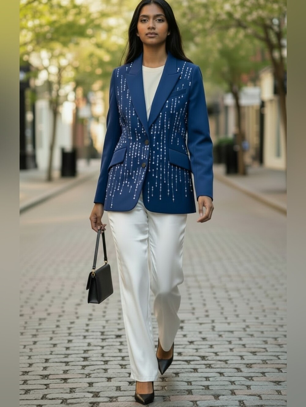 Carolina Herrera Beaded Embroidered Blazer Jacket Blue Women Size 10